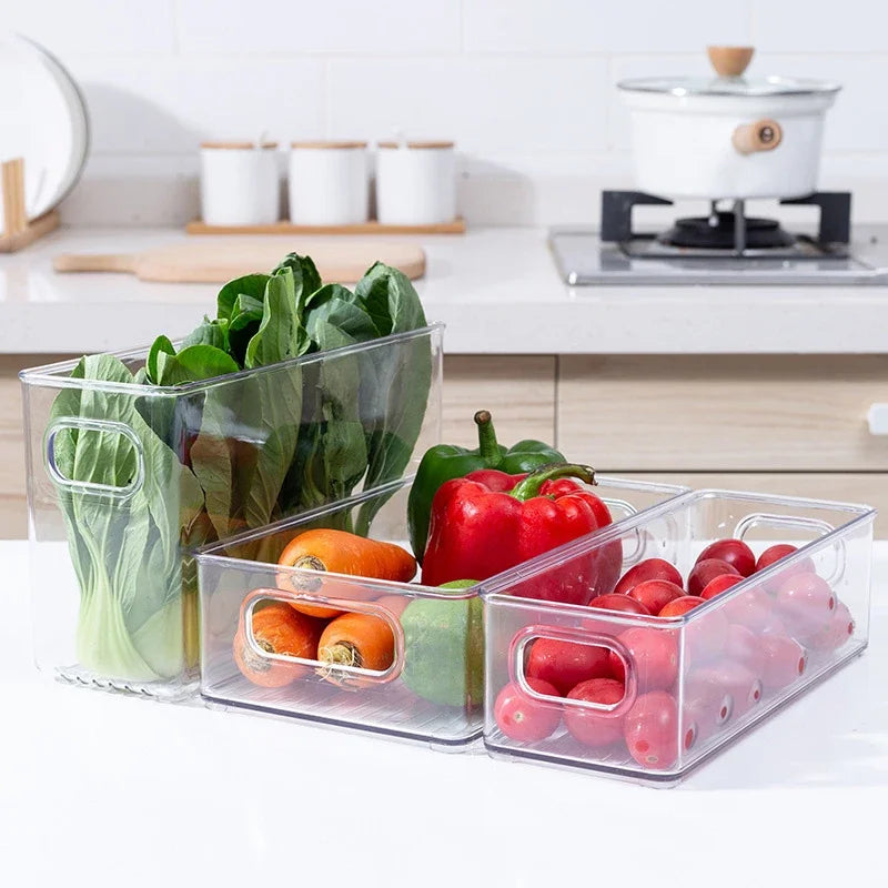 Contenedores organizadores para refrigerador, caja de almacenamiento de alimentos apilable con asa, despensa de plástico transparente, herramienta organizadora de alimentos y congelador, 1 ud.