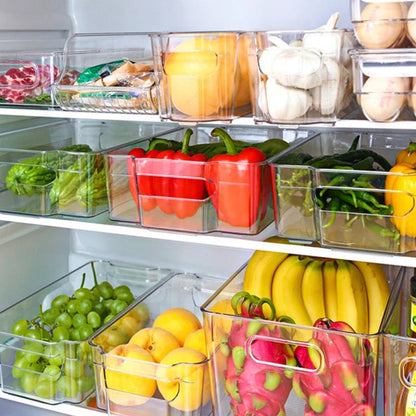 Contenedores organizadores para refrigerador, caja de almacenamiento de alimentos apilable con asa, despensa de plástico transparente, herramienta organizadora de alimentos y congelador, 1 ud.